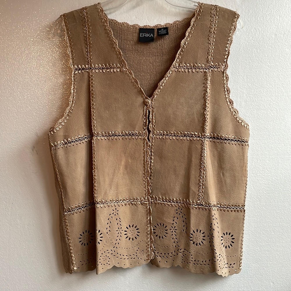 Erika suede with crochet one button sweater knit back laser detail vest medium